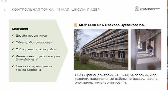 Школа №4 в г. Орехово-Зуево названа лидером по темпу работ капитального ремонта